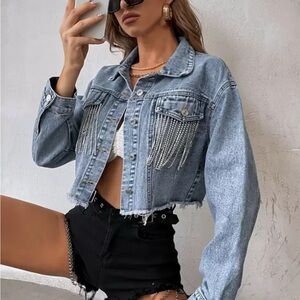 Denim Crop Jacket with Jewel Fringe | Size M
